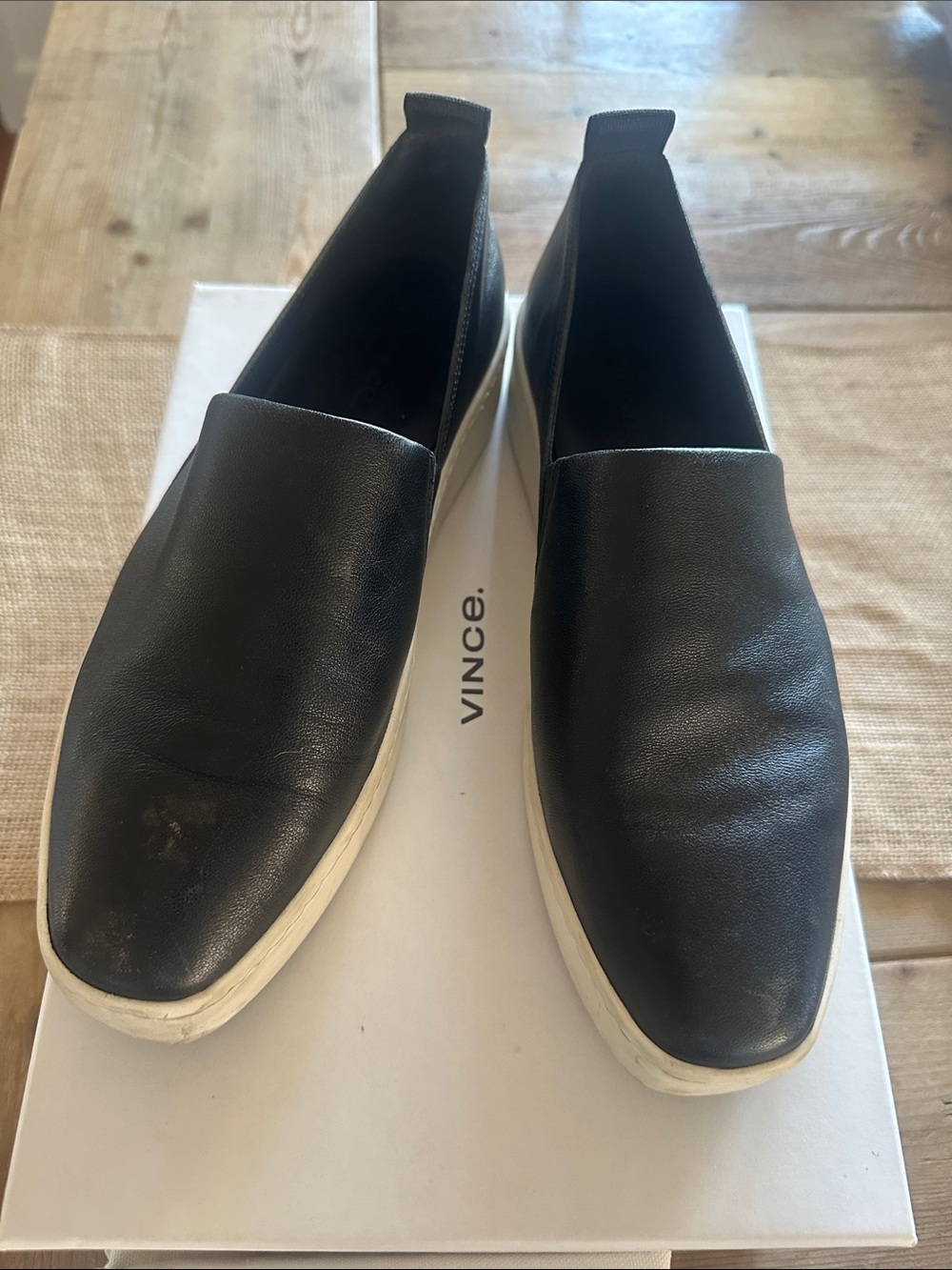 Vince Black Slip-On Leather Sneakers with White Sole